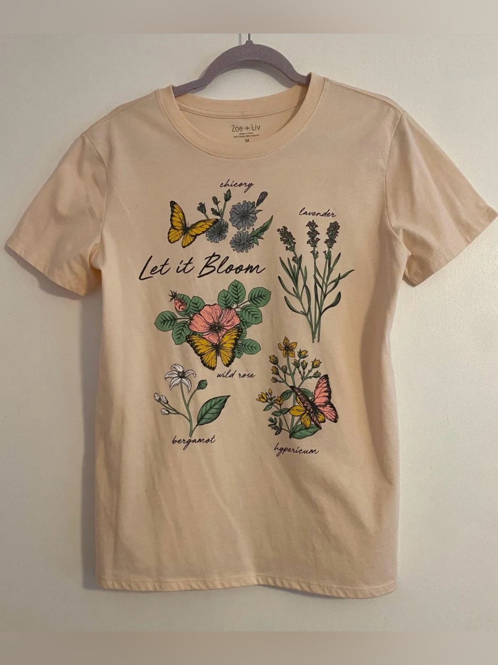 Zoe + Liv Pale Pink Graphic Tee with Floral Botanical Design